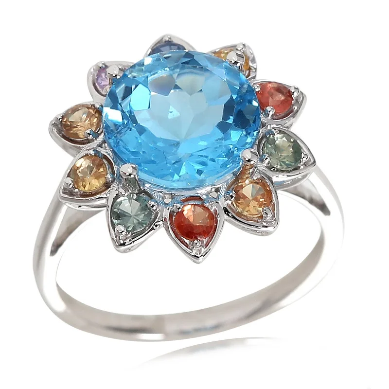 Nonagonal stone ring-14Kt Gold Swiss Blue Topaz and Multi Sapphire Ring