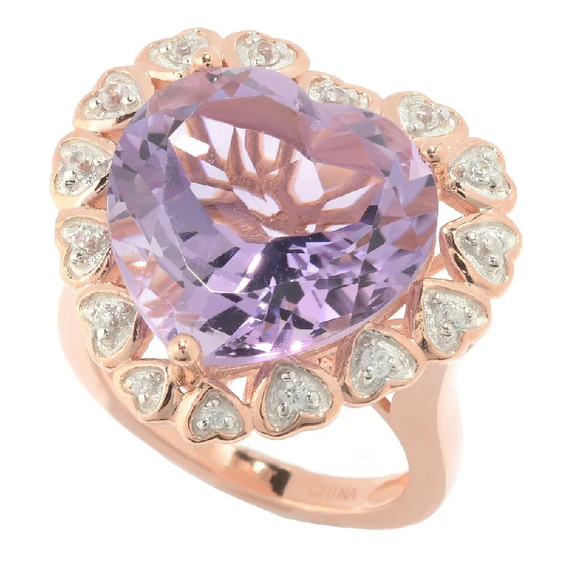 Flexible stone ring-18k Rose Gold over Sterling Silver Amethyst and White Zircon Heart Shaped Halo Ring