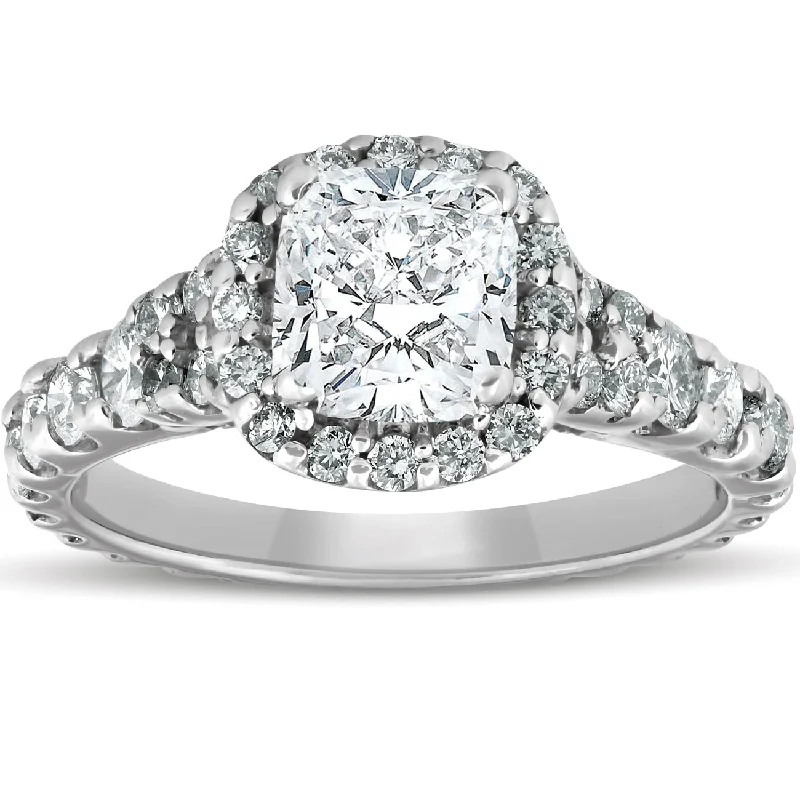 Inset gem ring-2 1/2ct Cushion Diamond Halo Engagement Ring 14k White Gold Lab Grown