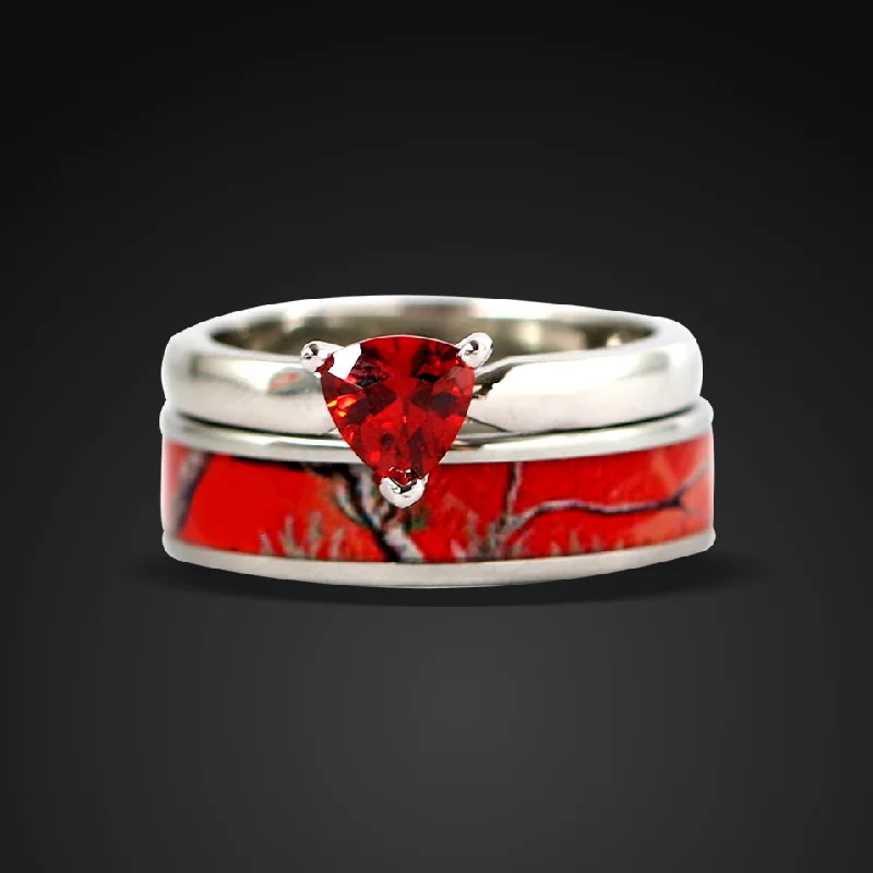 Elevated stone ring-2 pc Red Camo Ring Set Ruby Engagement Rings Sterling Silver Wedding Ring Set