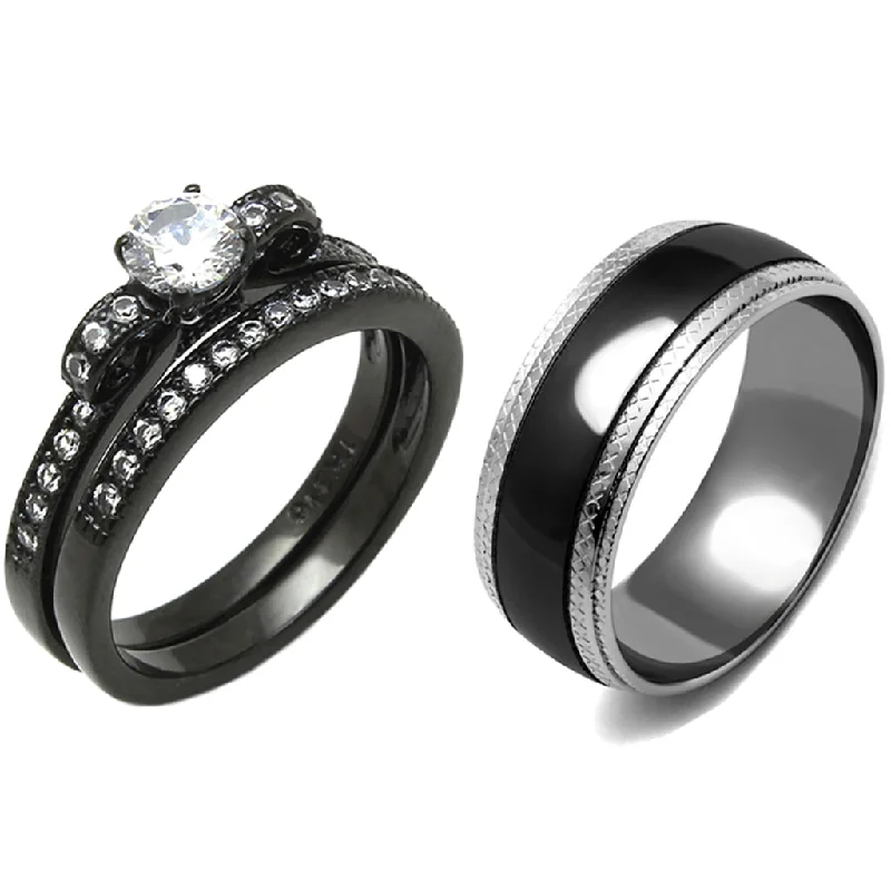 Fluid ring-3 PCS Couple 5x5mm Round Cut CZ Black IP Stainless Steel Wedding Set Mens Matching Band