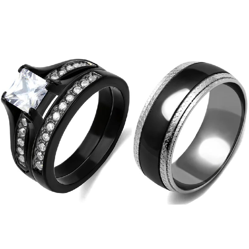 Stippled band ring-3 PCS Couple Black IP Stainless Steel 7x7mm Princess Cut CZ Engagement Ring Set Mens Matching Band