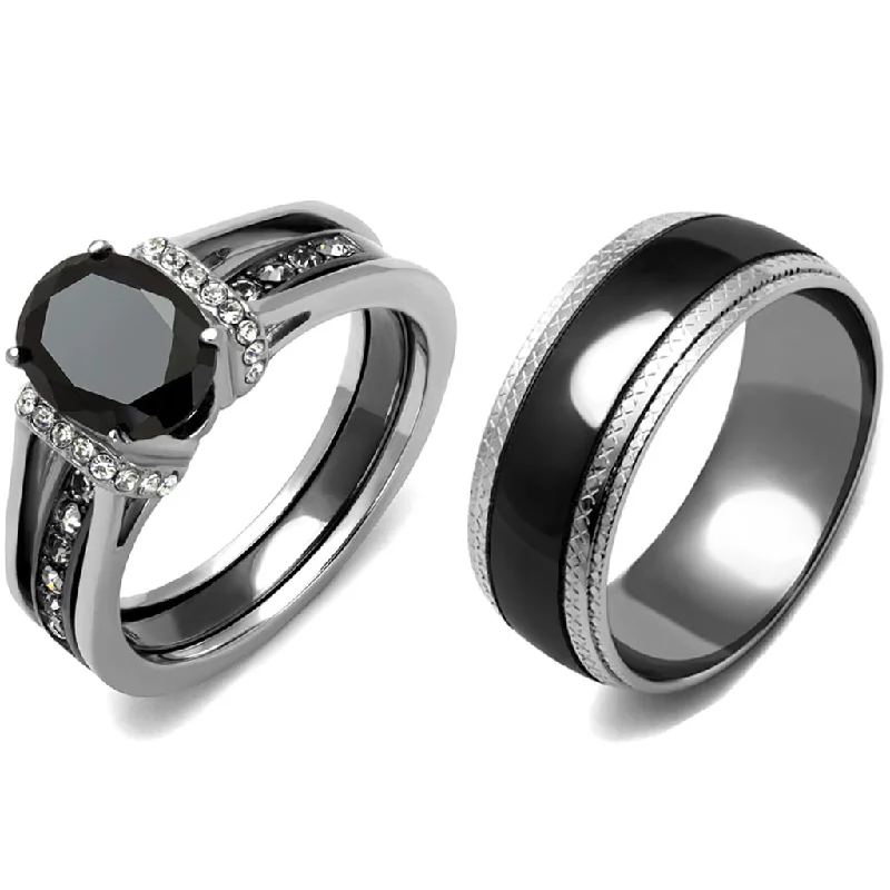 Ridge-set ring-3 PCS Couple Black IP Stainless Steel 8x6mm Oval Cut CZ Engagement Ring Set Mens Matching Band