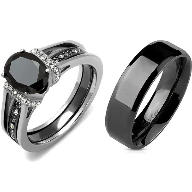 Worn-rim ring-3 PCS Couple Black IP Stainless Steel 8x6mm Oval Cut CZ Engagement Ring Set Mens Flat Band