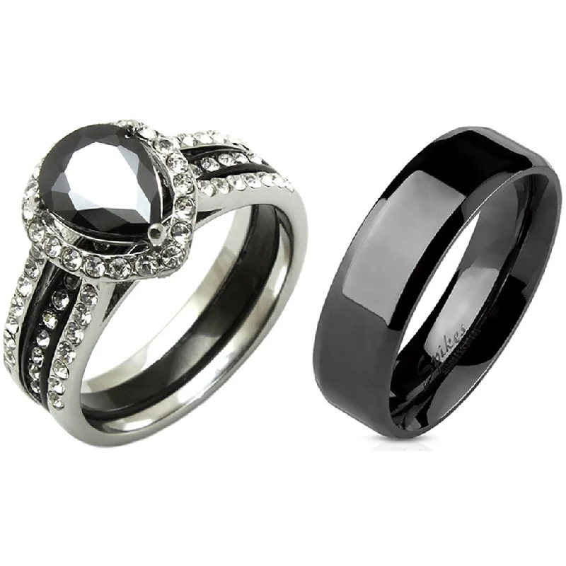 Layered tier ring-3 PCS Couple Pear Cut Black CZ Black IP Stainless Steel Wedding Set Mens Flat Band