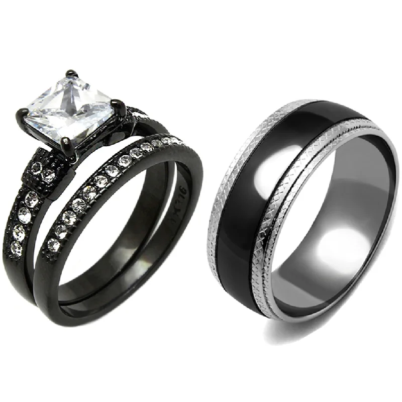 Nonagonal stone ring-3 PCS Couple Princess Cut CZ Black IP Stainless Steel CZ Wedding Set Mens Matching Band