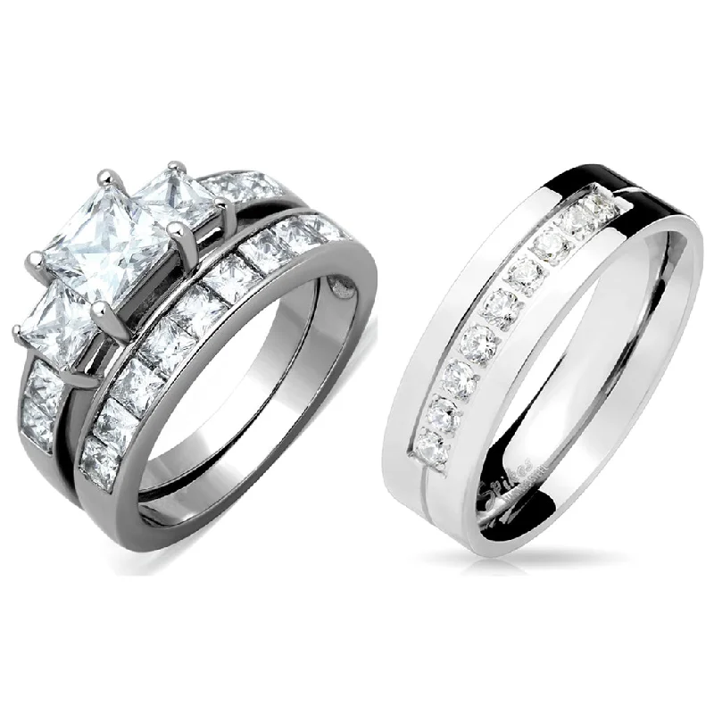 Ridge-set ring-3 PCS Couples Ring Set Womens Princess Cut CZ Ring set with Mens 9 Round CZ Band