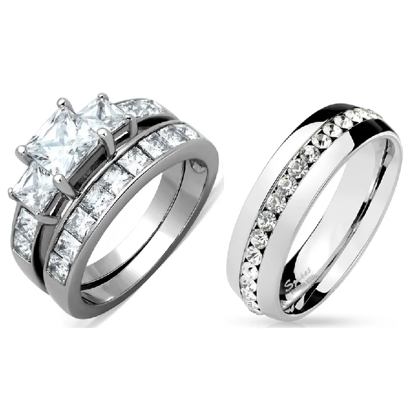 Horizon-cut ring-3 PCS Couple Womens Princess Cut CZ Wedding Ring set with Mens All Around CZ Band