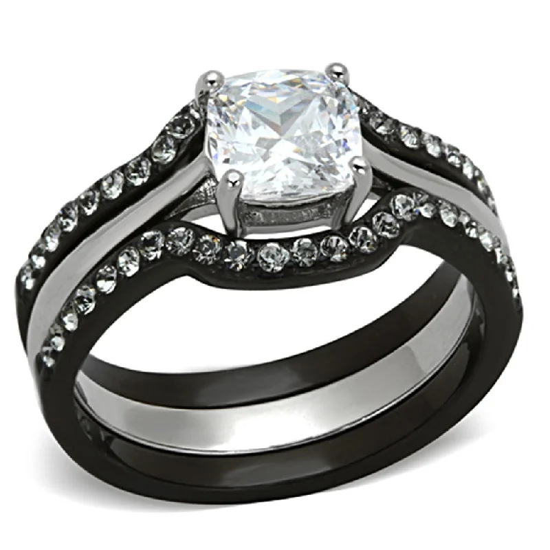 Slack coil ring-3 PCS Cushion Cut Black IP Two-Tone Stainless Steel Engagement Ring Set