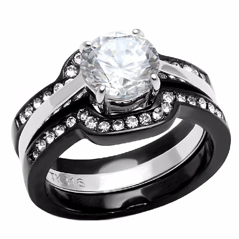 Ten-gem ring-3 PCS Round Cut Black IP Two-Tone Stainless Steel Engagement Rings Set