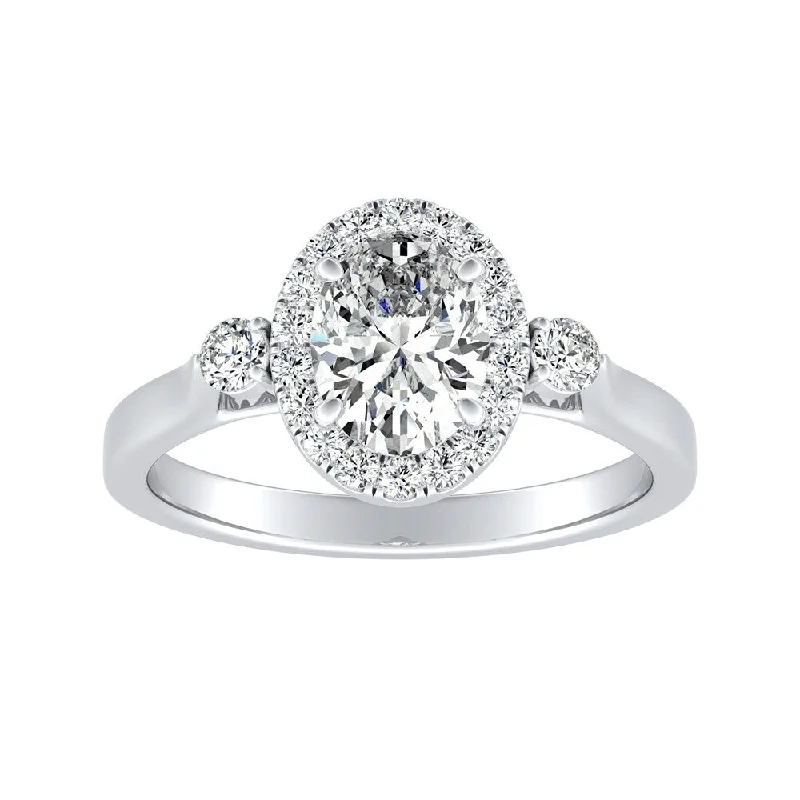 Folk grooved ring-3-stone Halo Oval Diamond Engagement Ring 1 1/4ctw 14k Gold by Auriya (I-J, I1-I2)