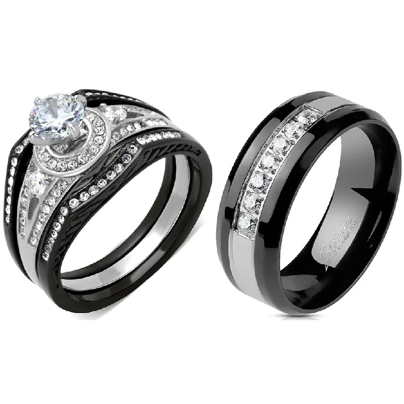 Flexible stone ring-4 PCS Couple Black IP Stainless Steel 6x6mm Round Cut CZ Engagement Ring Set Mens 7 CZs Band