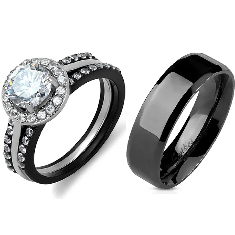 Winding twist ring-4 PCS Couple Black IP Stainless Steel 7x7mm Round Cut CZ Engagement Ring Set Mens Flat Band