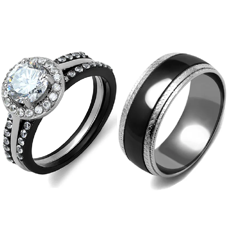 Shiny gem ring-4 PCS Couple Black IP Stainless Steel 7x7mm Round Cut CZ Engagement Ring Set Mens Matching Band