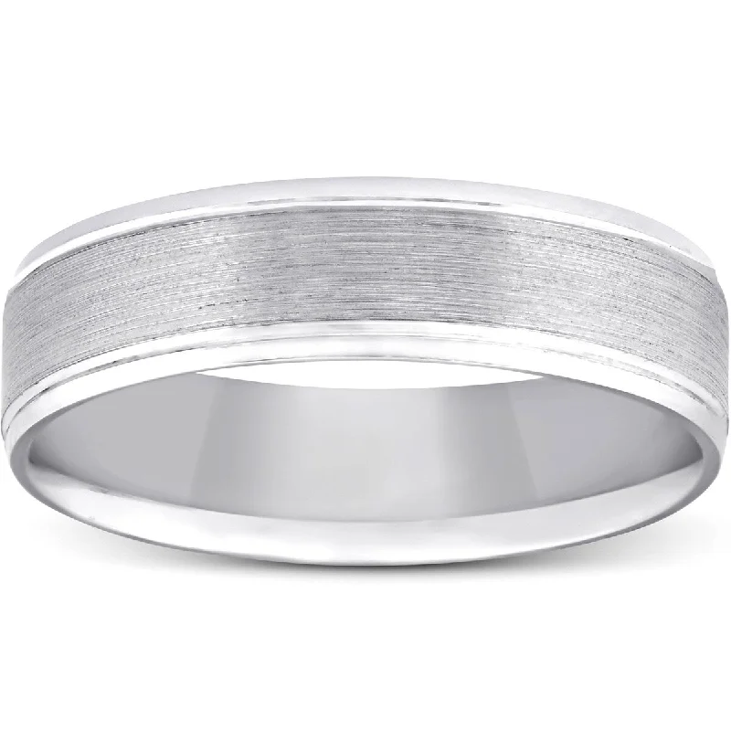 Stamped gem ring-5mm Flat Brushed Mens Wedding Band 10K White Gold