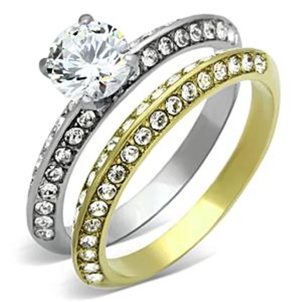 Shimmering platinum ring-6x6mm Brilliant cut CZ Two Tone Gold Stainless Steel Engagement Ring Set