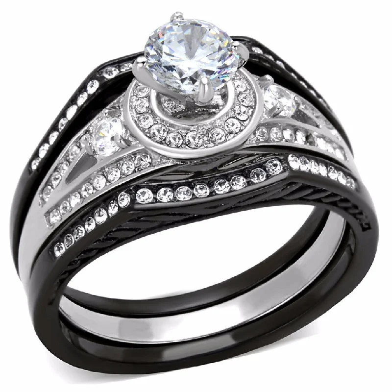 Layered tier ring-6x6mm Round CZ Black IP Stainless Steel Engagement 3 Ring Set