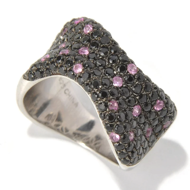 Shimmering platinum ring-925 Sterling Silver Black Spinel and White Zircon Gemstone Band Ring