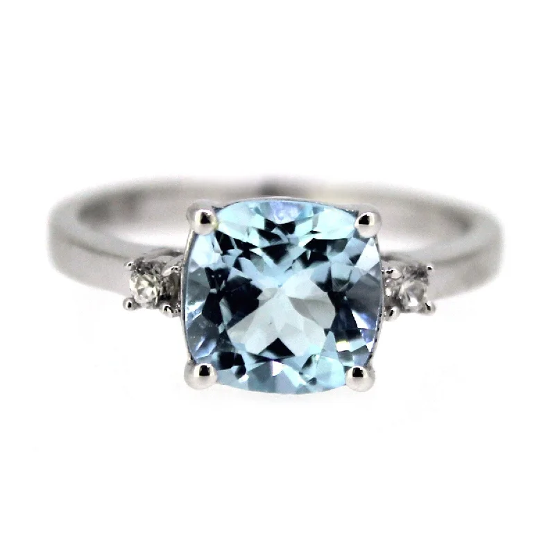 Rounded stone ring-925 Sterling Silver Cushion Sky Blue Topaz and White Natural Zircon 3-Stone Ring