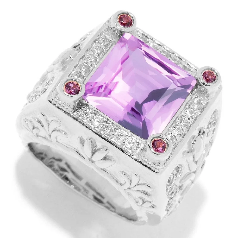 Rough-hewn stone ring-925 Sterling Silver Pink Amethyst,Rhodolite Garnet,White Natural Zircon Ring