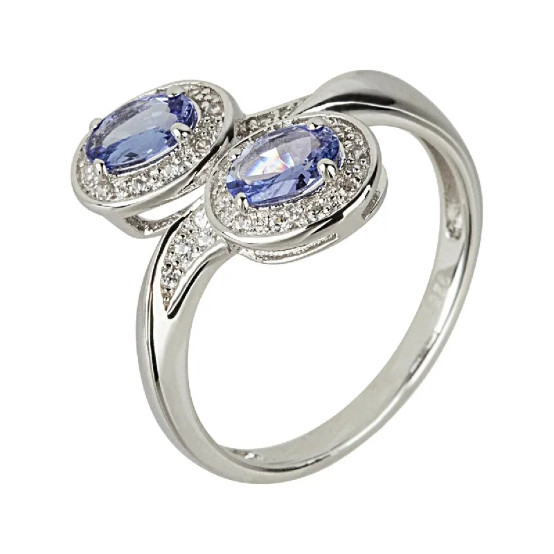 Satin titanium ring-925 Sterling Silver Tanzanite and White Natural Zircon Bypass Ring