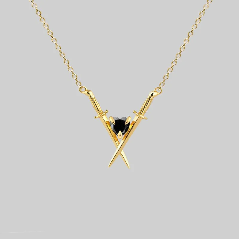 Stamped gem necklace-ABJURE. Crossed Swords & Onyx Heart Necklace - Gold