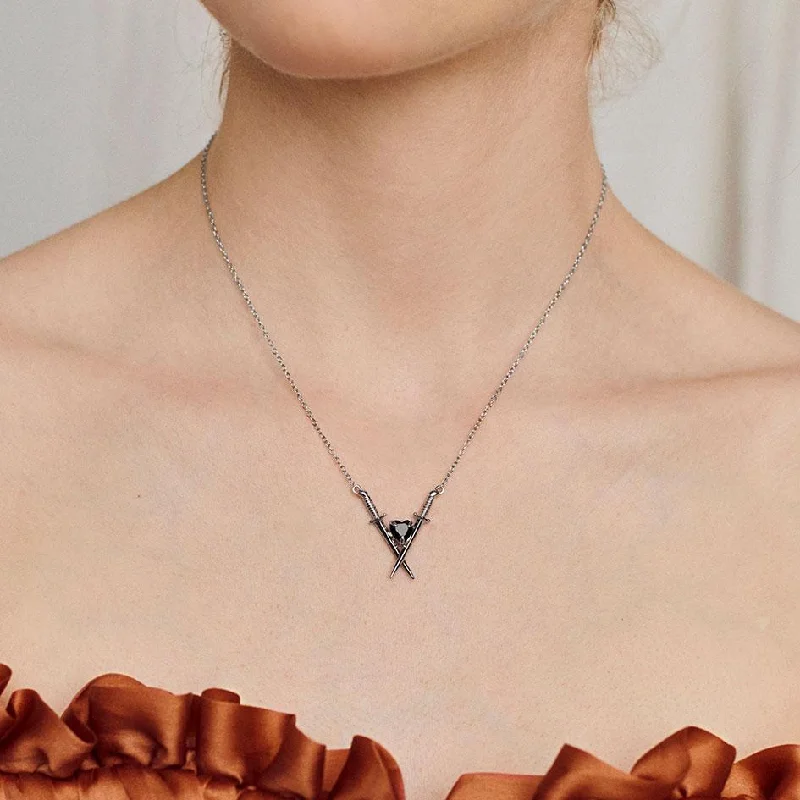 Subtle-carved necklace-ABJURE. Crossed Swords & Onyx Heart Necklace - Silver