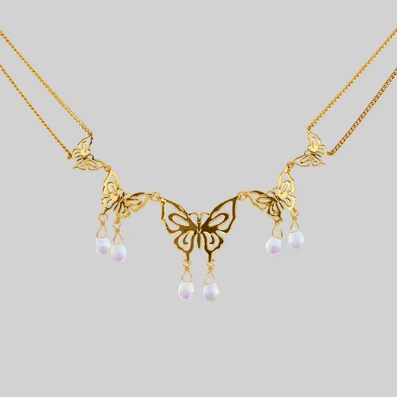 Glowing ruby necklace-ANTHEIA. Iridescent Butterfly Droplet Necklace - Gold