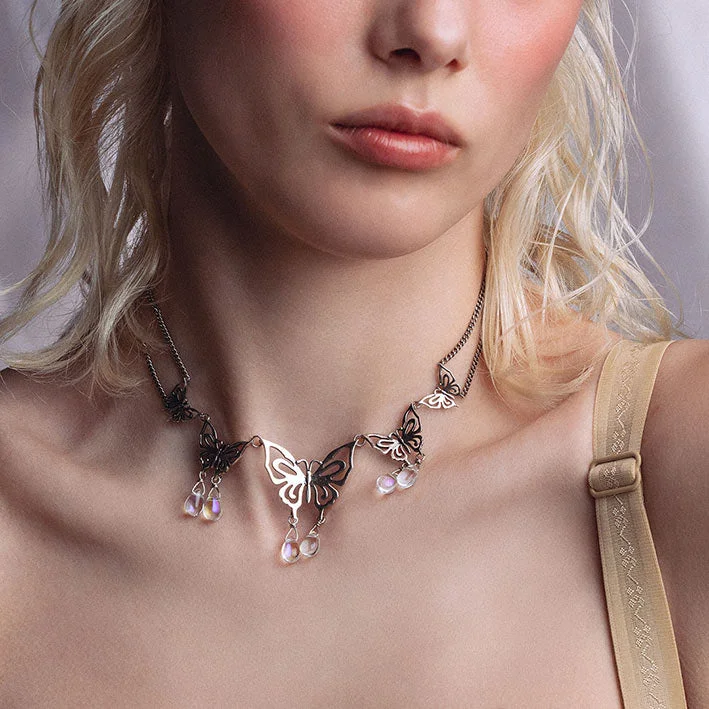 Folk grooved necklace-ANTHEIA. Iridescent Butterfly Droplet Necklace - Silver