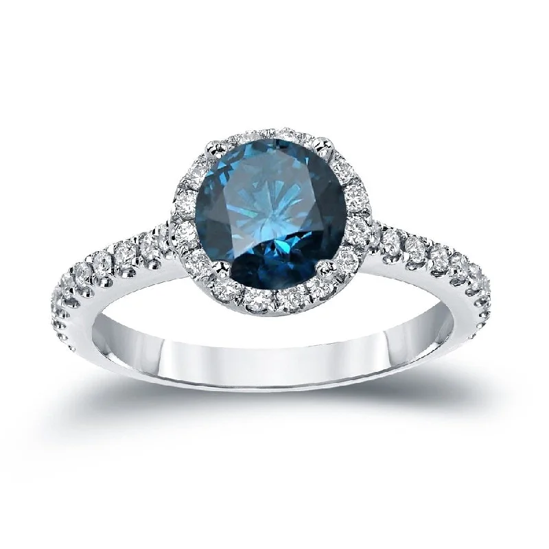 Icy topaz ring-Auriya 1 1/3ctw Round Halo Blue Diamond Engagement Ring 14k Gold