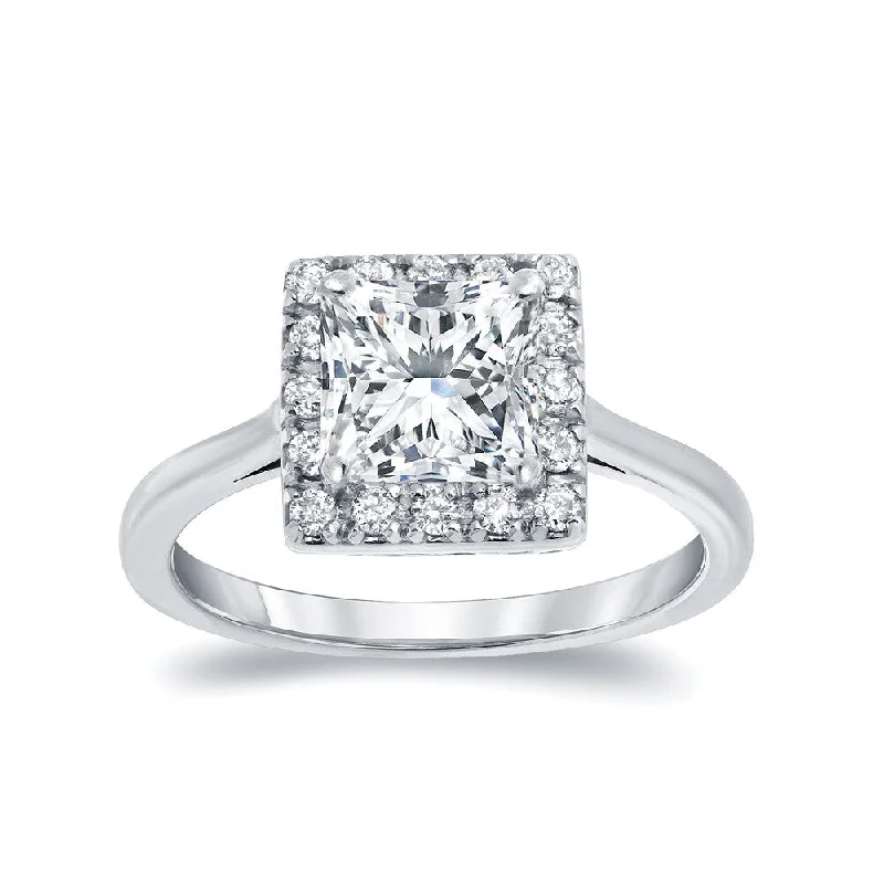 Shiny gem ring-Auriya 1 1/4ctw Princess Cut Halo Diamond Engagement Ring Platinum Certified