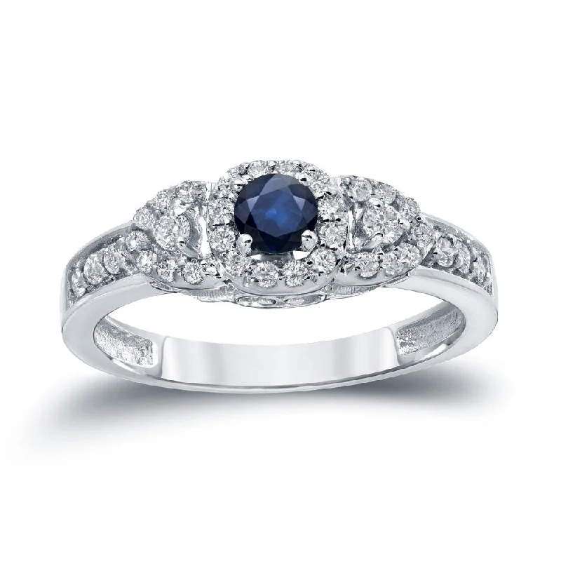 Stippled band ring-Auriya 1/5ct Blue Sapphire and 1/10ct TDW Diamond Halo Engagement Ring 14k Gold