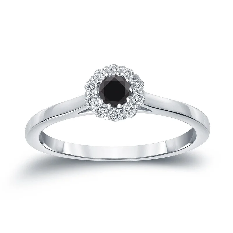 Nonagonal stone ring-Auriya 14k Gold 1/4ctw Halo Black Diamond Engagement Ring