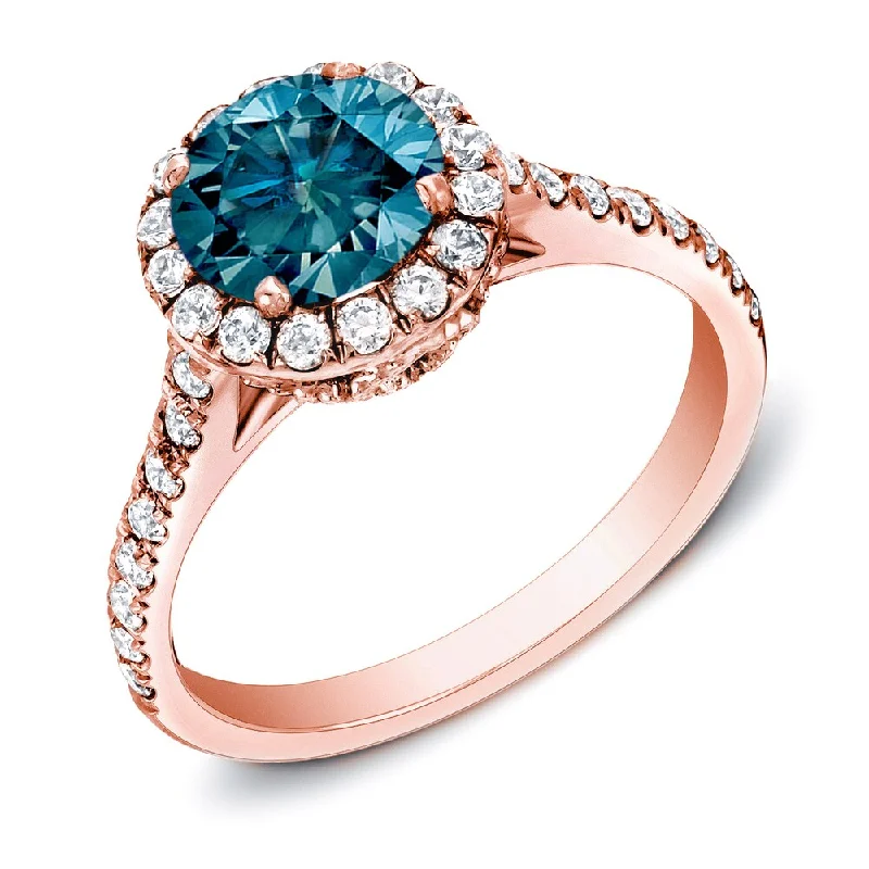 Full sapphire ring-Auriya 14k Rose Gold 1 3/4ctw Halo Blue Diamond Engagement Ring