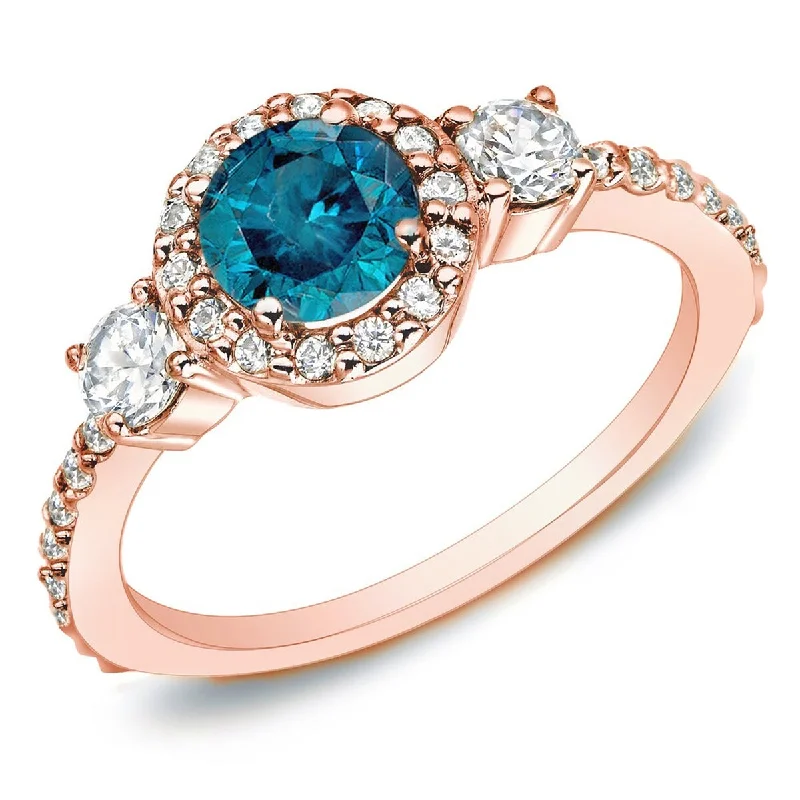 Luminous diamond ring-Auriya 14k Rose Gold 3/4ctw 3-Stone Halo Blue Diamond Engagement Ring