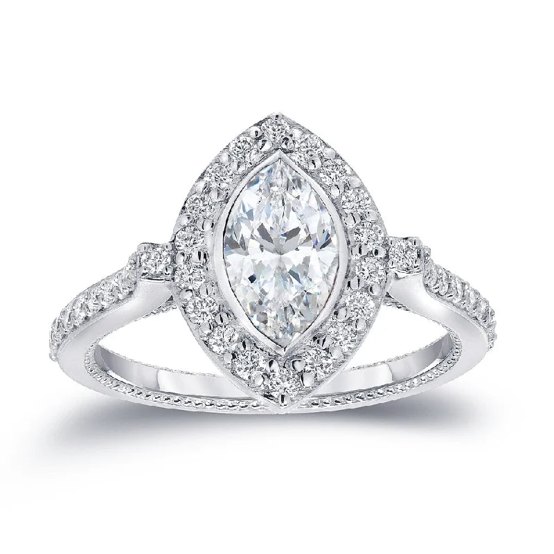 Rounded stone ring-Auriya 18k Gold 1 1/2ctw Vintage Halo Marquise Diamond Engagement Ring