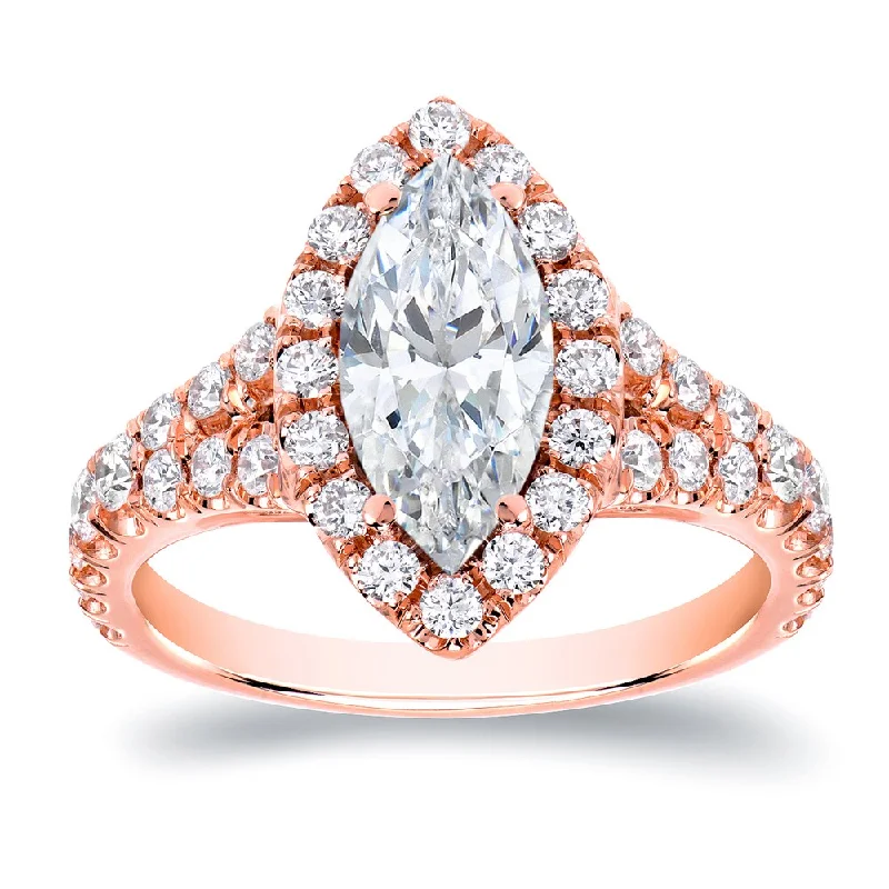 Solid-set pave ring-Auriya 18k Rose Gold 1 7/8ctw Halo Marquise Diamond Engagement Ring (H-I, SI1-SI2)