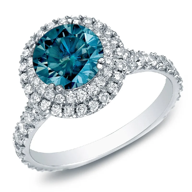 Thin diamond ring-Auriya 2ctw Double Halo Blue Diamond Engagement Ring 14k Gold