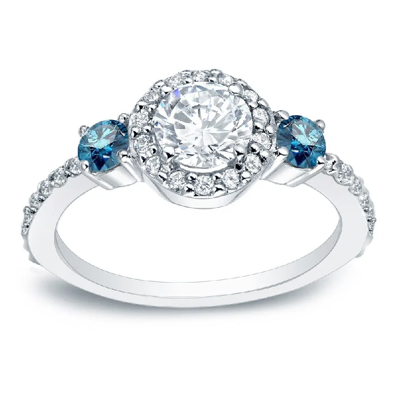 Etched band ring-Auriya 3/4ctw Round 3 Stone Halo Blue Diamond Engagement Ring 14k Gold