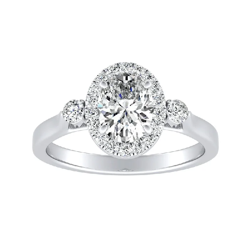 Soft curve ring-Auriya Platinum 1ctw 3-stone Oval Halo Diamond Engagement Ring (H-I, SI1-SI2)