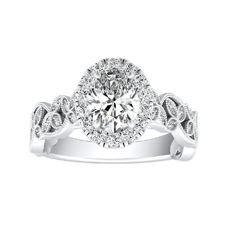 Hammered gold ring-Auriya Platinum Vintage Floral Vine Halo Oval Diamond Engagement Ring 3/4ctw