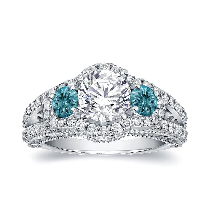 Dainty filigree ring-Auriya Unique 2 1/4ctw 3 Stone Halo Blue Diamond Engagement Ring 14k White Gold (H-I, I1-I2)