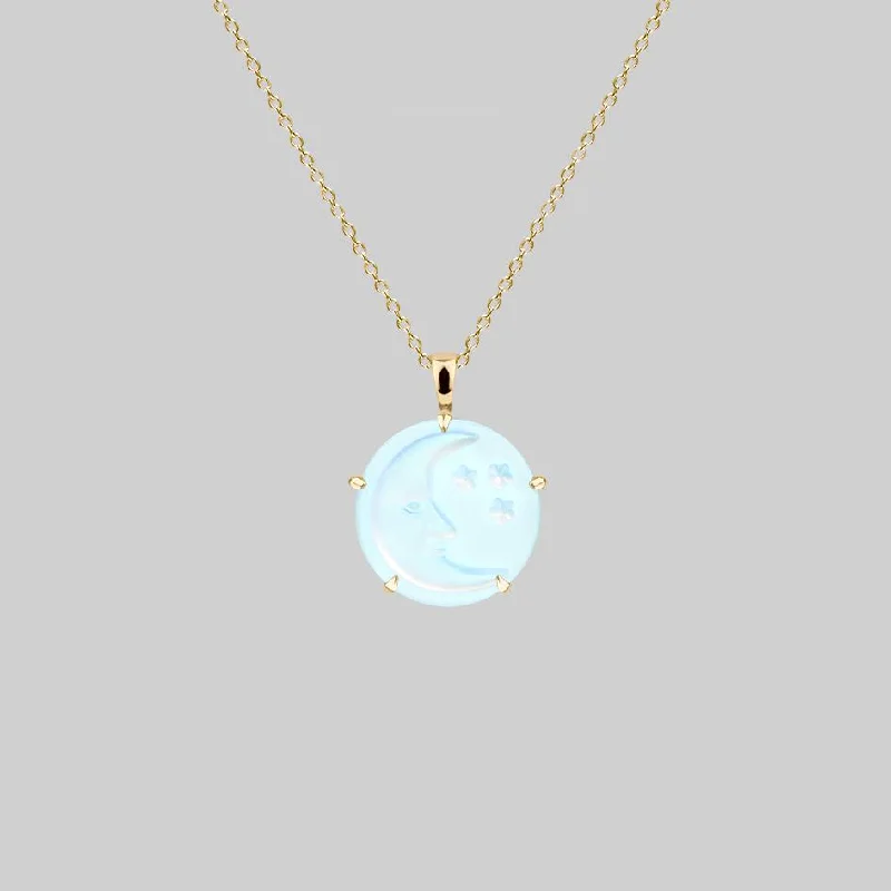 Lush emerald necklace-BLUE MOON. Crystal Moon & Stars Necklace - Gold