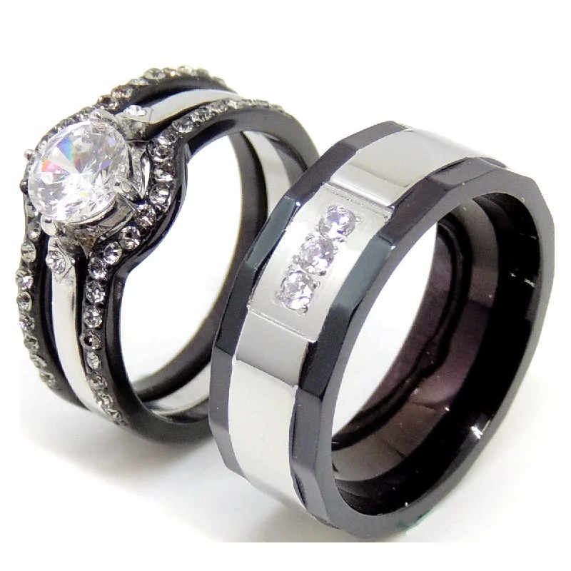 Soft curve ring-Couple Ring Set Women Black Stainless Steel Promise Ring Mens 3 CZs Wedding Band