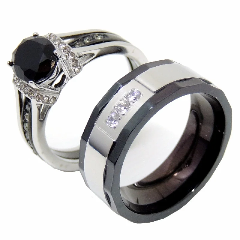 Glowing minimalist ring-Couple Ring Set Womens Black Oval CZ Promise Ring Mens 3 CZ Wedding Band