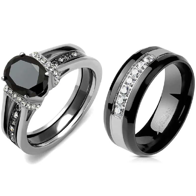 Engraved initial ring-Couple Ring Set Womens Black Oval CZ Promise Ring Mens 7 CZs Wedding Band