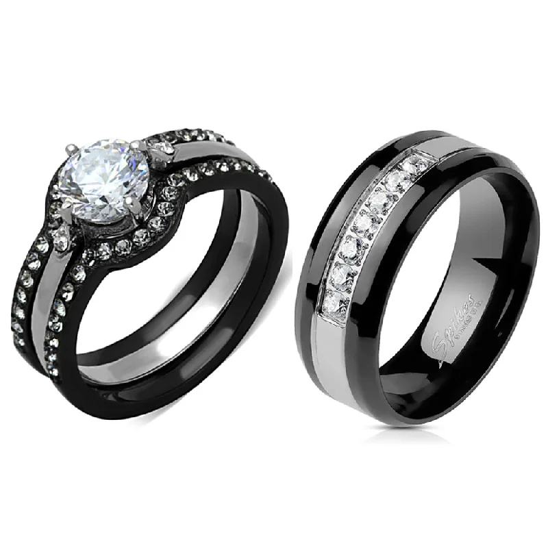 Slack coil ring-Couple Ring Set Womens Black Stainless Steel Promise Ring Mens 7 CZs Wedding Band