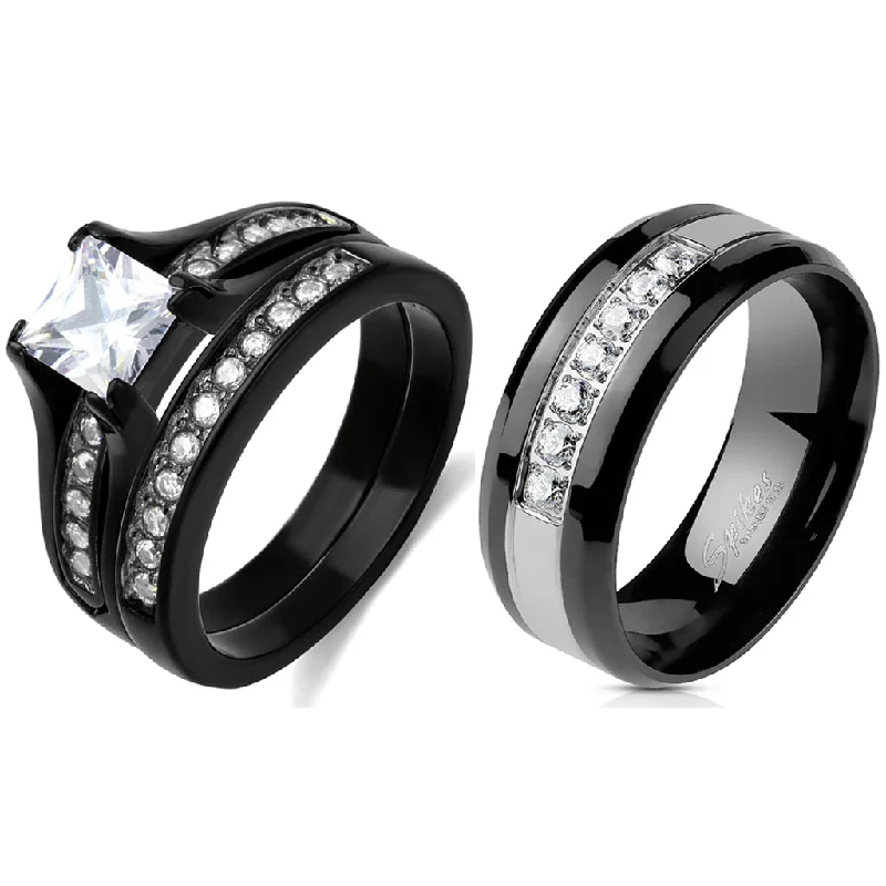 Braided ring-Couple Ring Set Womens One Carat Princess CZ Black Promise Ring Mens 7 CZs Wedding Band