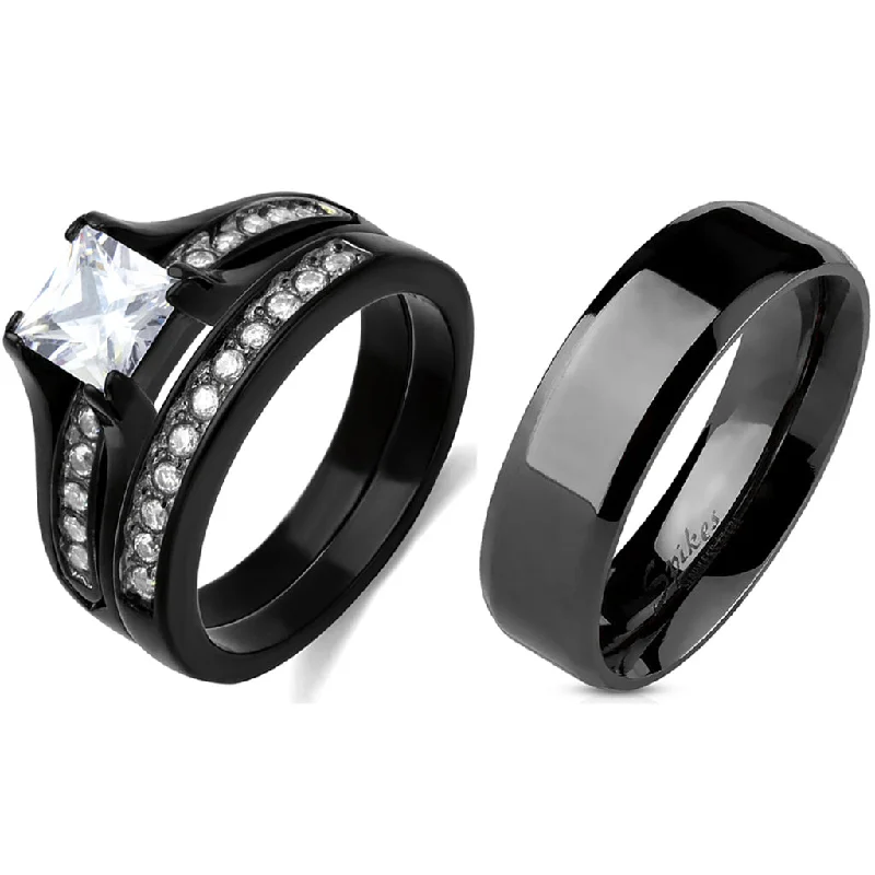 Wild pearl ring-Couple Ring Set Womens One Carat Princess CZ Black Stainless Steel Wedding Ring Set Mens Flat Band