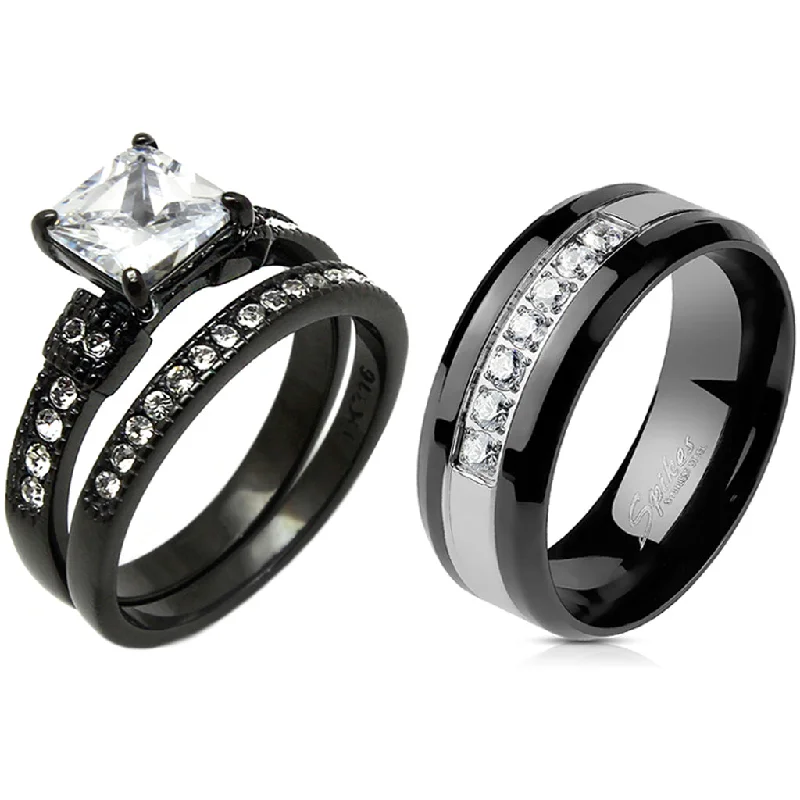 Assorted gem ring-Couple Ring Set Womens Princess CZ Black Promise Ring Mens 7 CZs Wedding Band